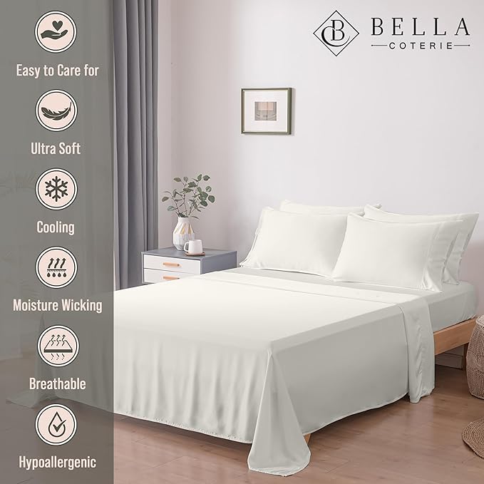 Bella Coterie 6 Piece Luxury Bamboo Viscose Split Top King Size Sheet Set | 34" Split for Adjustable Beds | 100% Organically Grown| Cooling | 18” Deep Pocket | 4 Pillowcases [Ivory]