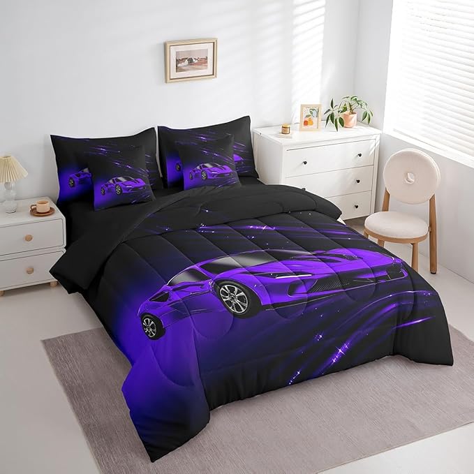 Feelyou Boys Purple Race Car 7 Piece Bedding Set King Size Speed Sports Car Comforter Set with Sheets for Kids Teens Adult Fast and Furious Bed in a Bag Purple Ombre Bed Set