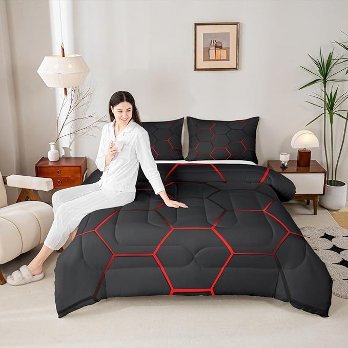 Feelyou Honeycomb Bedding Set Honeycomb Modern Hexagon Theme Comforter Set for Kids Boys Children Geometrical Comforter Ultra Soft Beehive Black Red Decor Duvet Set Queen Size