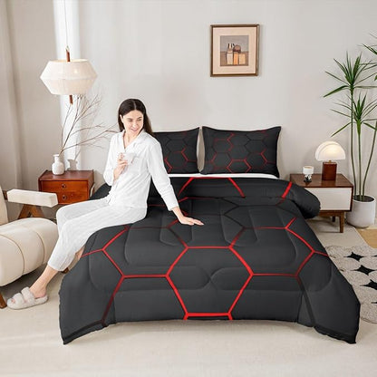 Feelyou Honeycomb Bedding Set Honeycomb Modern Hexagon Theme Comforter Set for Kids Boys Children Geometrical Comforter Ultra Soft Beehive Black Red Decor Duvet Set Full Size