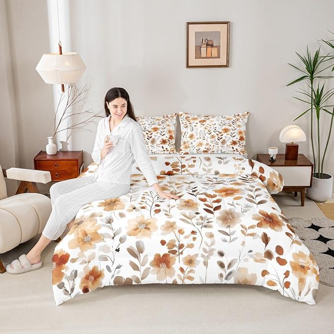Erosebridal Vintage Floral King Comforter Set,Tan Beige Orange Flower Bedding Set for Kids Girls,Country Farmhouse Flowers Quilt,Boho Chic Wildflower Bedroom Decor,2 Pillowcases Breathable