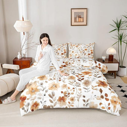 Erosebridal Vintage Floral Full Comforter Set,Tan Beige Orange Flower Bedding Set for Kids Girls,Country Farmhouse Flowers Quilt,Boho Chic Wildflower Bedroom Decor,2 Pillowcases Breathable