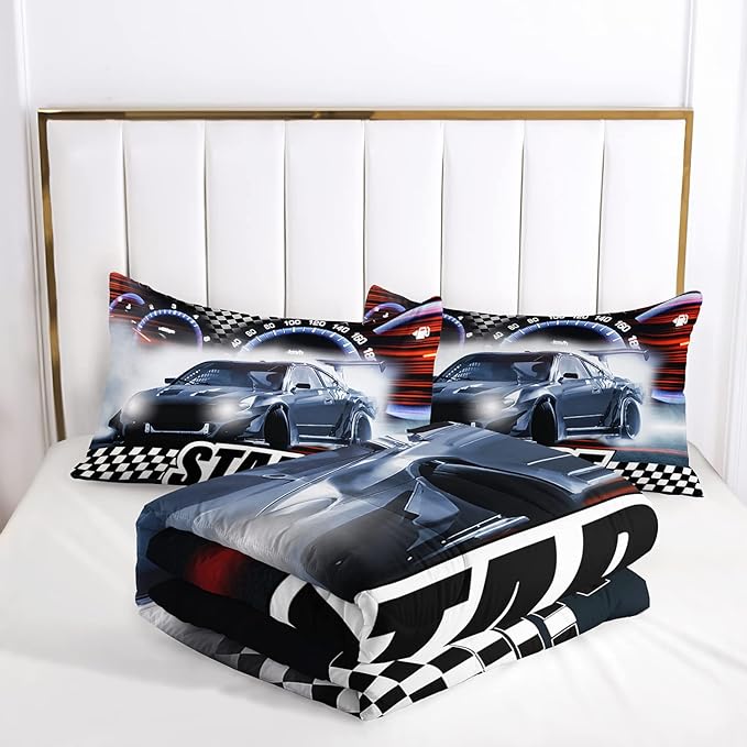 AILONEN Racing Car Comforter Set Twin Twin Size, Plaid Patterns with Speed Race Car for Kids Boys Girls Teens Bedroom,3 Pieces,1 Quilt and 2 Pillowcases,Soft,Breathable