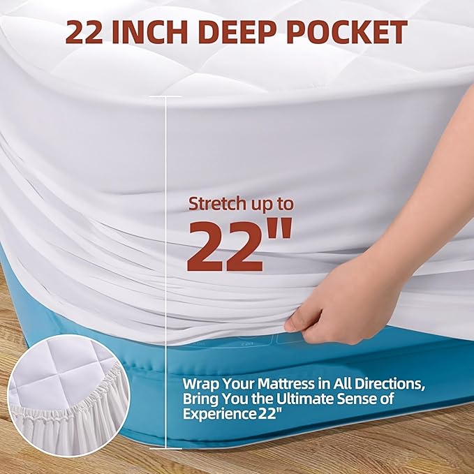 Twin Mattress Pad, Deep Pocket Quilted Premium Mattress Protector, Anti-Shift Design, Extra Elastic Strap, Soft Breathable & Noiseless Mattress Cover, Fit up to 22" (39x75 Inches, White)