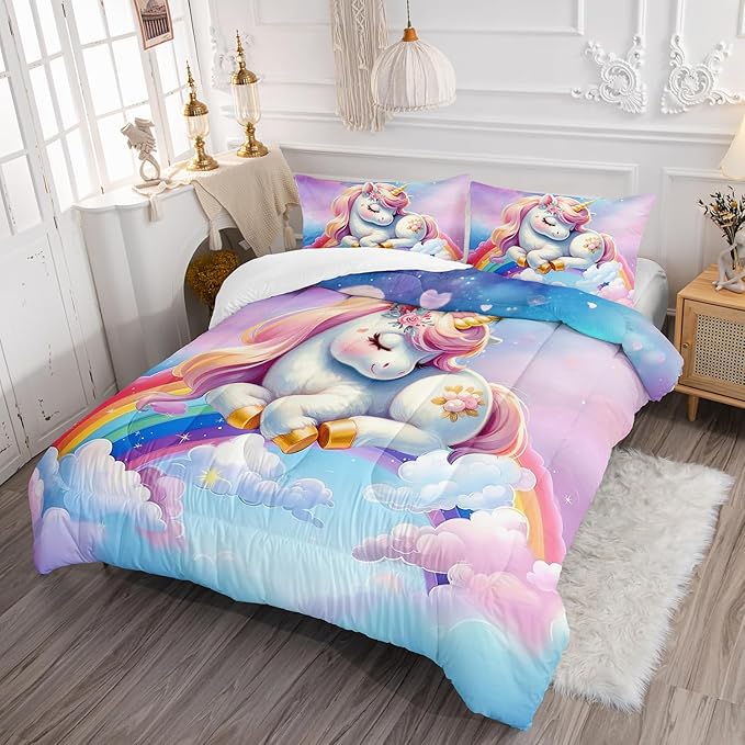 Pink Blue Unicorn Comforter 3pcs Twin Kids Clouds Rainbow Flowers Quilt Boys Girls Bedding Set Cute Printed Fantasy Room Decor Bed Set with 1 Comforter and 2 Pillowcases