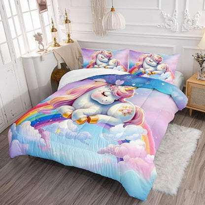 Pink Blue Unicorn Comforter 3pcs Twin Kids Clouds Rainbow Flowers Quilt Boys Girls Bedding Set Cute Printed Fantasy Room Decor Bed Set with 1 Comforter and 2 Pillowcases