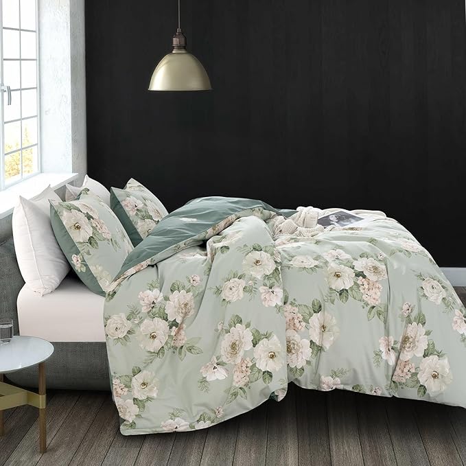 Floral Duvet Cover Queen 100% Soft Cotton 3 Pieces French Country Chic Garden Style Peony Flower Luxury Blossom Floral Vibrant Pattern Reversible Flower Duvet Cover Queen with Zipper Closure