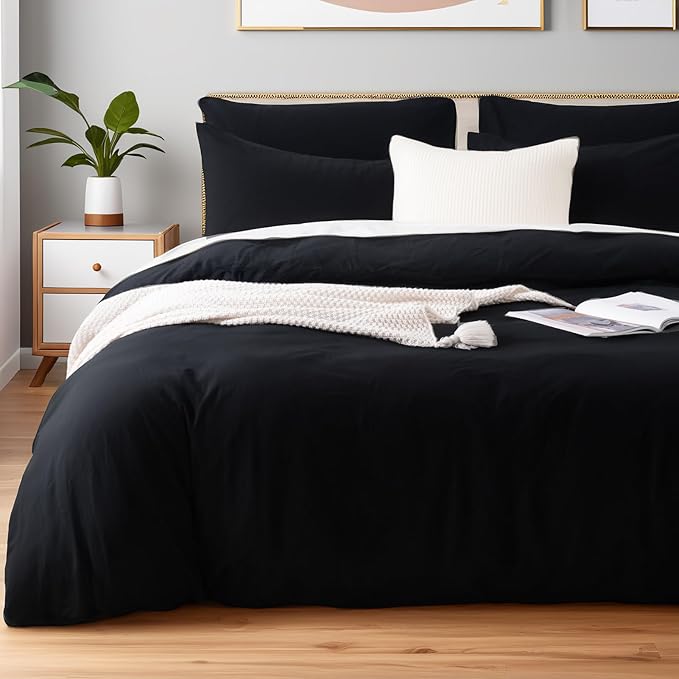 NEXHOME PRO Full Duvet Cover Set – 100% Certified Organic Cotton with Washed Feel & Linen-Like Texture, Comfortable & Breathable, Home Bedding Set Black (No Comforter)