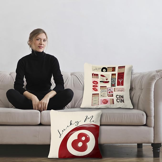 Trendy Lucky 8 Ball Pillow Covers 18x18 Set of 2, Retro Funky Red Billiards Decorative Throw Pillow Covers for Girls Room Bedroom Dorm Apartment Home