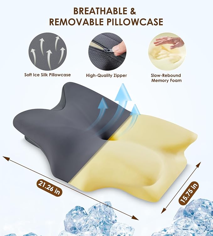 Cervical Pillow for Neck and Shoulder, Ergonomic Contour Memory Foam Pillows for Sleeping, Cooling Neck Support Pillow for Back Stomach Side Sleeper Dark Grey