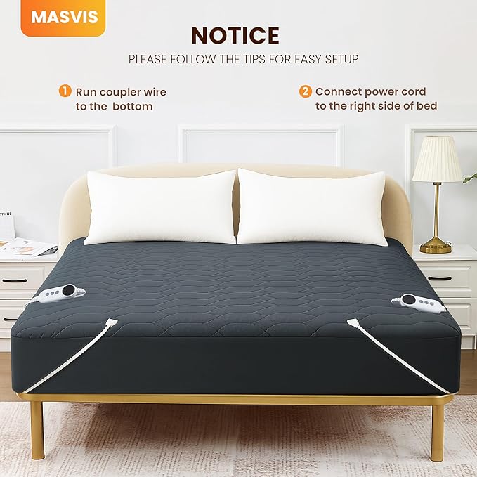 MASVIS Heated Mattress Pad Queen Size - Dual Control, 6 Heat Settings & 10-Hour Auto Off, Quilted Electric Bed Cover, Bed Warmer with Deep Pocket | Fast Heating | Machine Washable,Grey,60"x80"