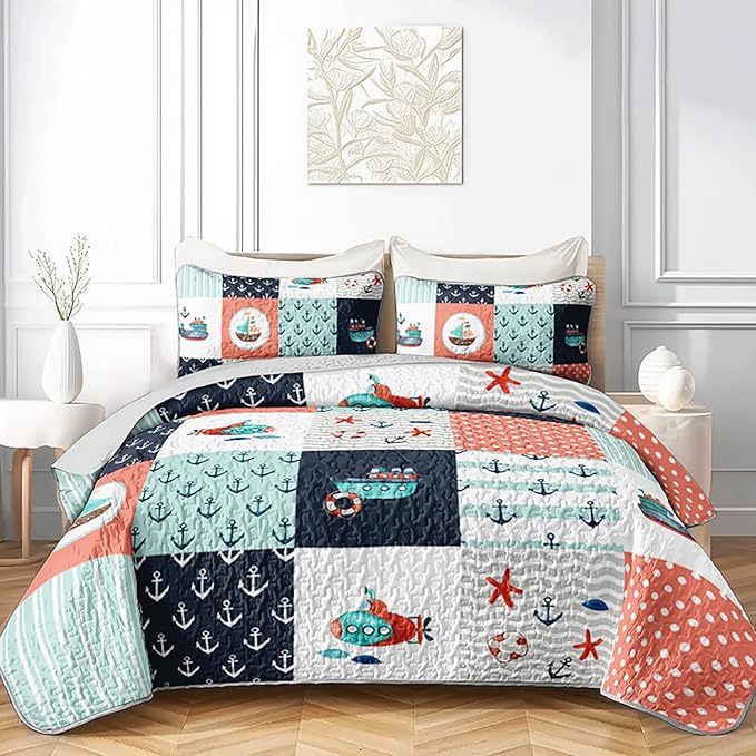 HOSIMA Nautical Quilt Set Twin Size,Plaid Patchwork Pattern Hand Painted Seaplane,Boat and Anchor Quilt for Bedroom Nautical Decor,Sea Adventure Theme Coastal Bedding with 2 Pillowcases.