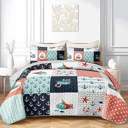 HOSIMA Nautical Quilt Set Twin Size,Plaid Patchwork Pattern Hand Painted Seaplane,Boat and Anchor Quilt for Bedroom Nautical Decor,Sea Adventure Theme Coastal Bedding with 2 Pillowcases.