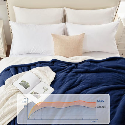 Sealy Electric Blanket Throw Size 50"*60",Super Cozy Flannel to Sherpa Reversible Heated Blanket Throw with 6 Heating Levels & 2-10 Hours Auto Off Overheating Protection Machine Washable,Navy