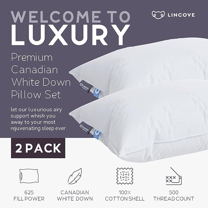Lincove Cloud Natural Canadian Down Pillow, White Luxury Sleeping Pillow - 625 Fill Power, 500 Thread Count Cotton Shell, Made in Canada, Queen - Firm, 2 Pack