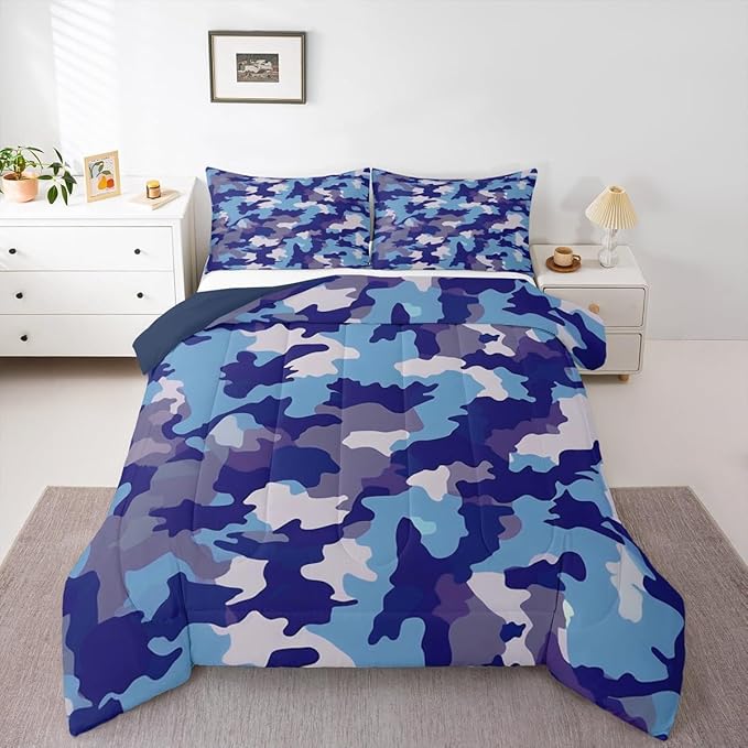 Camouflage Print Full Size Comforter Set,Blue Gray Purple Reversible Bedding Set Bedroom Collection,Army Camo Pattern Abstract Soft Quilted Duvet for Girls Teens