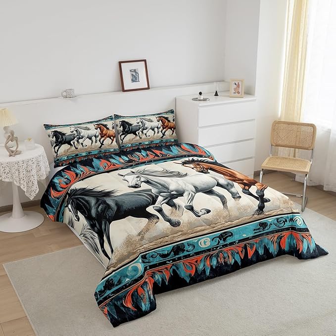 Feelyou Horse Bedding Set Toddler Size Kids Bohemian Southwestern Native Aztec Comforter Cover for Boys Girls Teens Teal Beige Duvet Cover Breathable Soft Lightweight Microfiber Quilt Set