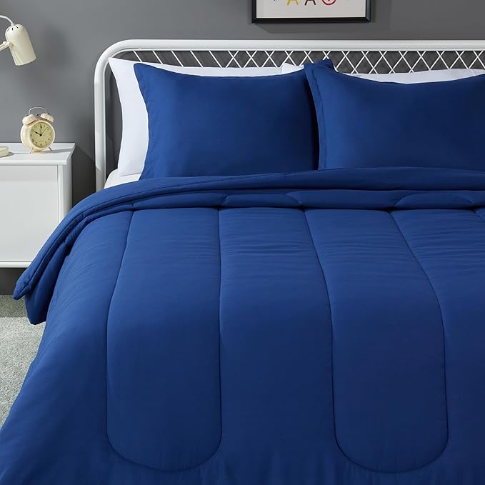 Amazon Basics 3 Piece Microfiber Kid's Comforter and Pillow Sham Set, Full/Queen, Navy, Solid