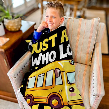 Khumbhira Funny Yellow School Bus Blanket Just A Boy Who Loves Buses Blanket for Boys Kids Warm Plush Lightweight School Buses Throw Blanket for Couch Sofa Bed All Season Use 90"x120"-XL