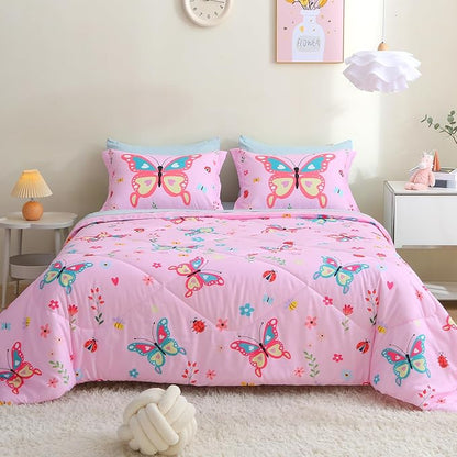 Girls Butterfly Comforter Set Queen Size 7 Piece Bed in A Bag Colorful Pink Flowers Leaves Bedding Set for Kids Teens Super Soft All Season