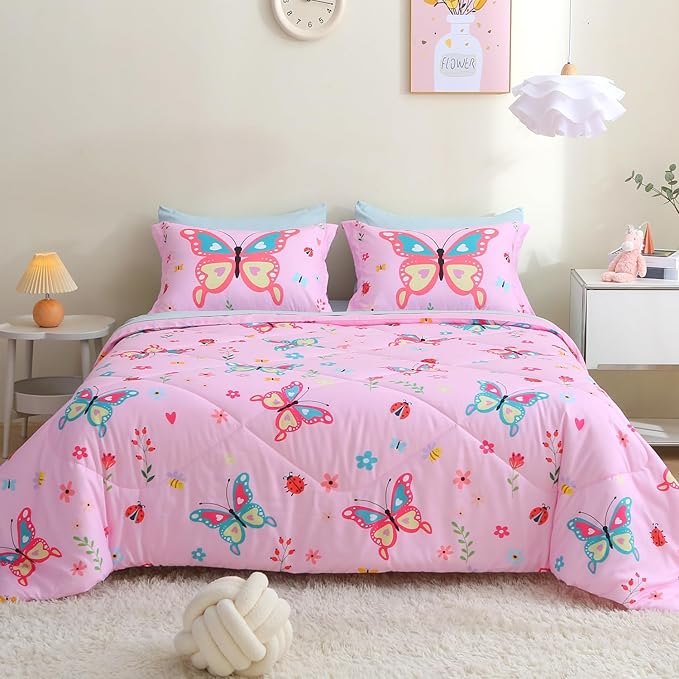 Pink Butterfly Comforter Set Twin Size for Girls Kids Teens 7 Piece Bed in A Bag Colorful Flower Leaves Bedding Set All Season Lightweight