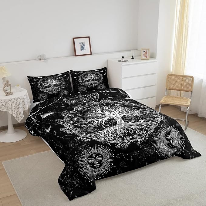 Feelyou Sun and Moon Comforter Bohemian Tree Butterfly Style Bedding Set Psychedelic Hippie Comforter Set for Boys Girls Children Teens Bedroom Decor Galaxy Astrology Duvet Set Queen Size