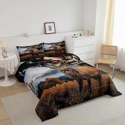 Deer Hunt Bedding Set Full Size American Flag Comforter Set 3pcs for Kids Boys Teens Men Bedroom Decor Skull Antlers Nature Animals Quilt Set Rustic Retro Duvet Insert,2 Pillowcases