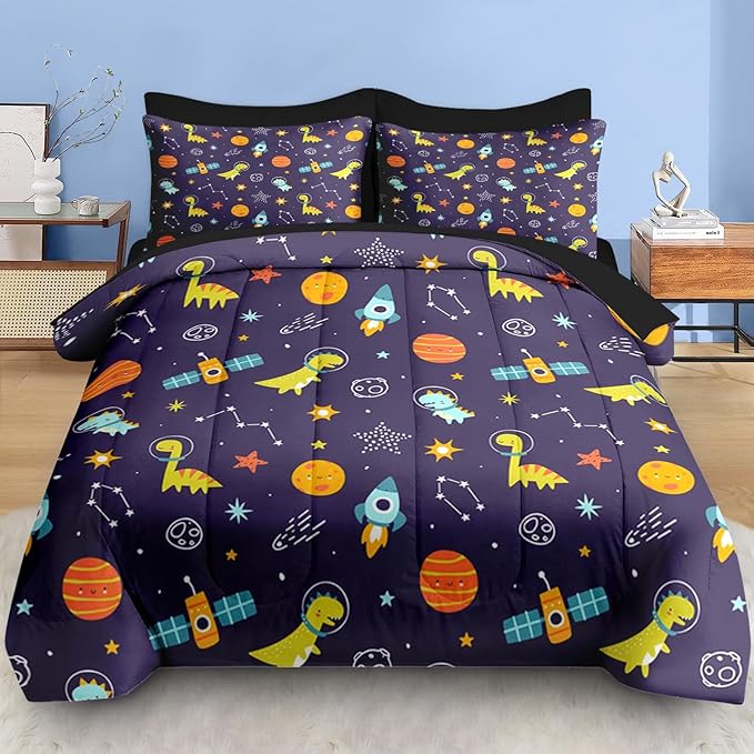 Comforter Set Twin Size, Space Astronaut Dinosaur 5 Pcs Bedding for Kids and Adults, Funny Galaxy Dino Planet Bed Sheet Sets with Fitted Sheet Pillowcase & Sham for Bedroom Bed Decor