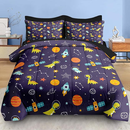 Comforter Set Full Size, Space Astronaut Dinosaur 7 Pcs Bedding for Kids and Adults, Dino Planet Bed Sheet Sets with Fitted Sheet 2 Pillowcases & 2 Shams for Bedroom Bed Decor