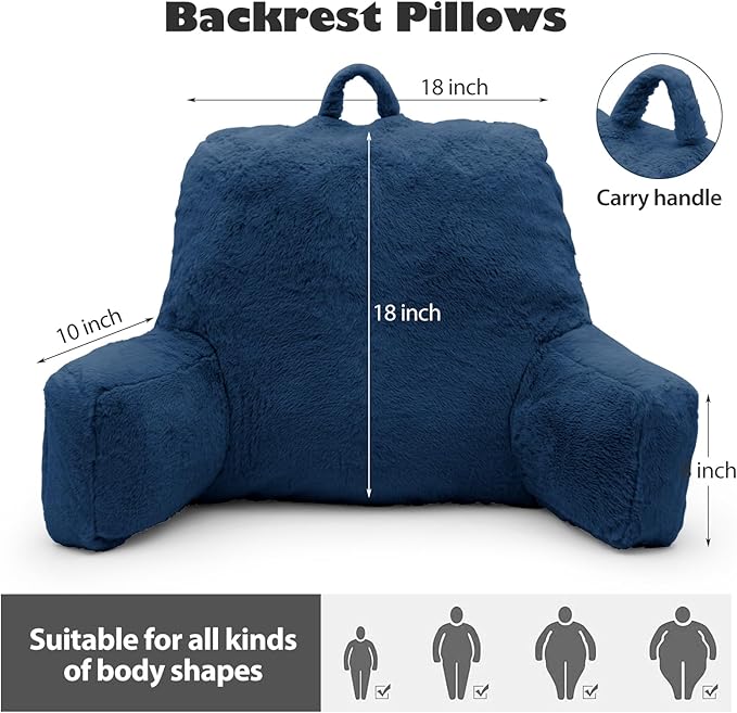 Reading Pillow Large Bed Pillow,Backrest Pillow with Arms, Back Support Pillow for Sitting Up in Bed, Couch for Adults Lounging Bedrest,Blue