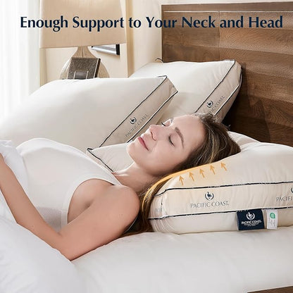 Pacific Coast Goose Firm Bed Pillows of Standard Size, 100% Organic Cotton Cover, Gusseted Design for Sleeping, Feather and Down Pillows of Hotel Collection