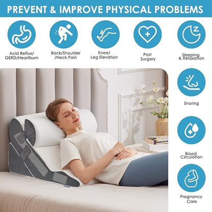 3PCS Bed Wedge Pillow for Headboard, Adjustable Wedge Pillow for Sleep Apnea, 23” Wide Triangle Pillow Wedge Set for After Surgery, Acid Reflux Relief, Snoring, Neck&Back Support, White/Grey