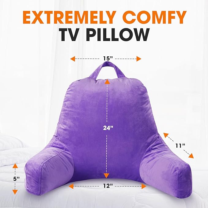 Cheer Collection Reading Pillow with Arms – Portable Bed Pillow for Sitting Up & Support, Foam-Filled Back Rest Pillow for Sitting in Bed & Couch, Machine Washable Purple (Large)