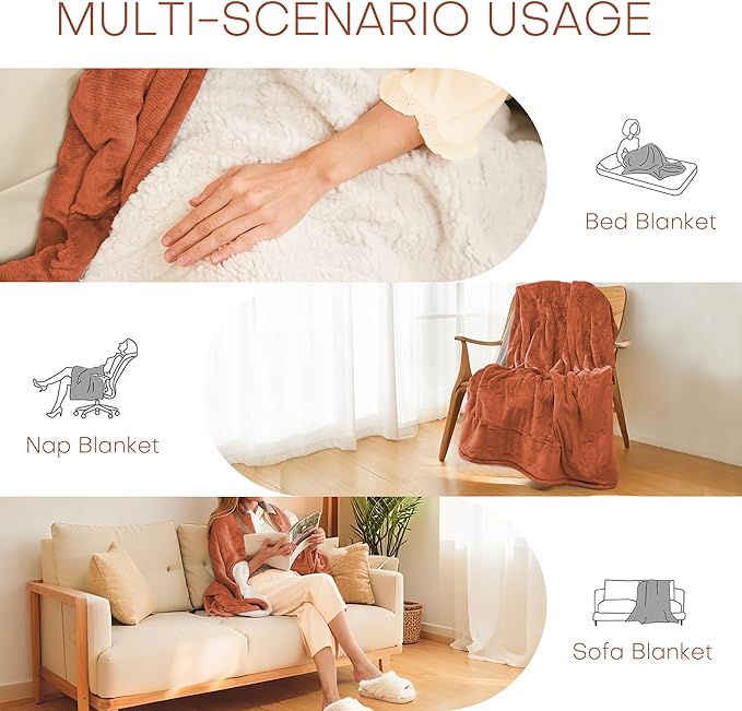 Electric Heated Blanket Throw Size 50"x60" - Flannel & Sherpa Fabric Dual-Sided, 6 Heat Settings & 1-3 Hours Auto Off, Soft & Cozy Warming Throw for Home, Office, or Bed, Machine Washable, Caramel