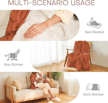 Electric Heated Blanket Throw Size 50"x60" - Flannel & Sherpa Fabric Dual-Sided, 6 Heat Settings & 1-3 Hours Auto Off, Soft & Cozy Warming Throw for Home, Office, or Bed, Machine Washable, Caramel