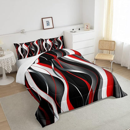Feelyou Red Grey Black Comforter Set Geometric Spiral Pattern Duvet Set for Kids Boys Girl Modern Abstract Inner Fill Bedding Set Grey White Comforter 1 Comforter Set with 2 Pillowcases Full Size