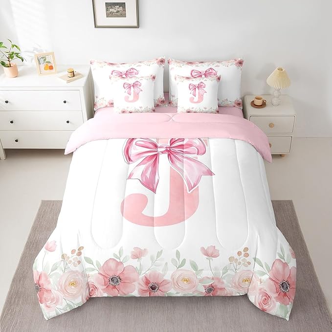 Erosebridal Pink Bowknot King Bedding Sets for Girls,Initial Letter J Bed in A Bag for Kids Teen Women Room Decor, Romantic Flower Floral Bed Set Bedroom Decor King Size 7-Piece