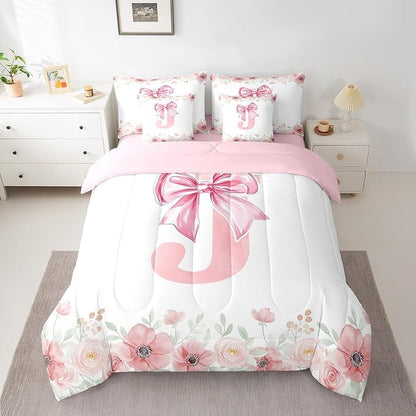 Erosebridal Pink Bowknot Queen Bedding Sets for Girls,Initial Letter J Bed in A Bag for Kids Teen Women Room Decor, Romantic Flower Floral Bed Set Bedroom Decor Queen Size 7-Piece