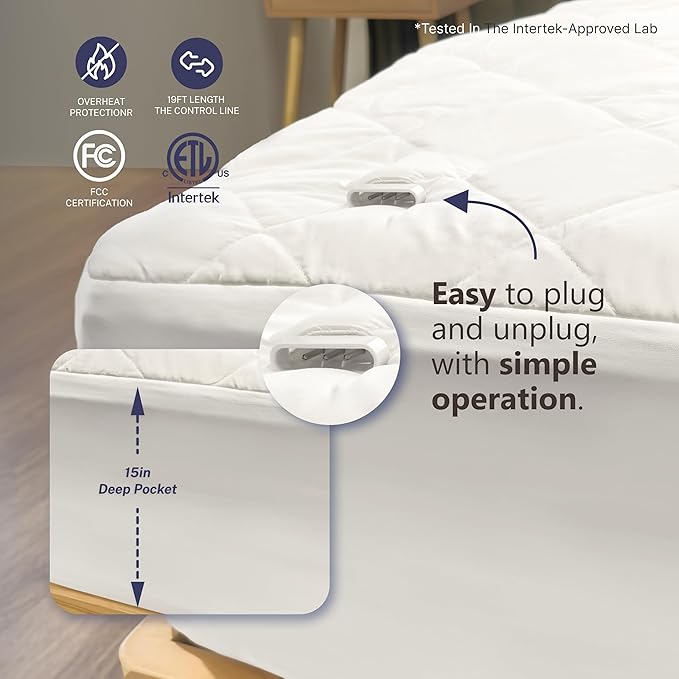 Electric Mattress Pad Twin Size Quilted Wave 10 Heat Settings with 12 Hour Auto Off, Deep Pocket Fits up to 15", Microfiber Bed Warmer, ETL Certified Machine Washable, 39"x75"