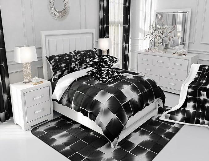 Castle Fairy Abstract Bedding Set Twin Size,3D Modern Cool Geometric Grid Square Comforter Cover Set for Kids Girls,Shiny Gray Neon Light Black Bedding Quilt Cover Set Bedroom Decor, 2 Pcs