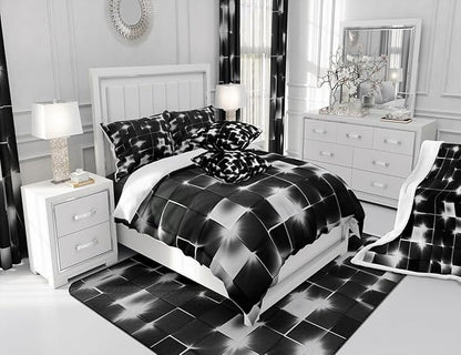 Castle Fairy Abstract Duvet Cover Set Full Size,3D Modern Cool Geometric Grid Square Comforter Cover with 2 Pillowcases,Shiny Gray Neon Light Black Breathable Bedspread for Boys Teens