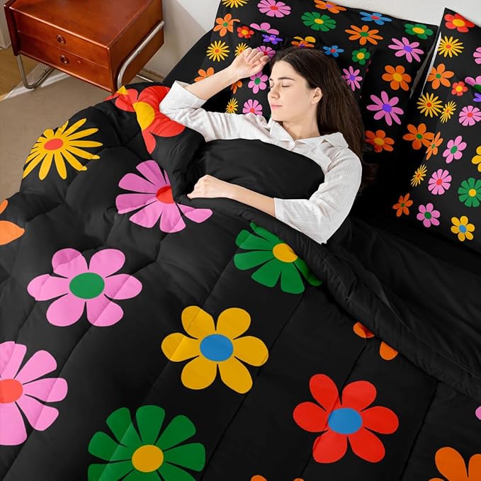 Feelyou Cute Flower 7 Piece Bedding Set King Size Colorful Flower Comforter Set with Sheets for Kids Boys Girls Black Colorful Bed in a Bag Kawaii Theme Bed Set