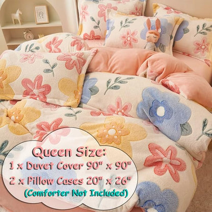 Pink Duvet Cover Queen Size, Fluffy Comforter Cover Set, Kawaii Bunny Bedding Sets for Girl Ultra Soft Cute Floral Bed Set for Kids (Flower, Queen)