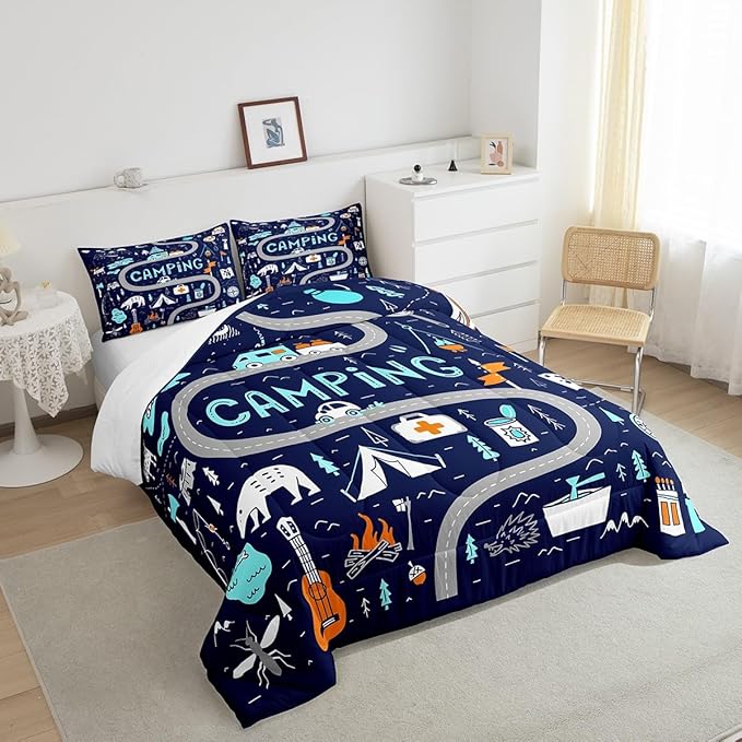 Feelyou Kids Camper Bedding Set Twin Cute Happy Camping Comforter for Boys Girls Farmhouse Rustic Wild Adventure Bedroom Decor Comforter Set Blue Nature Wildlife Quilted Set with 1 Pillow Case