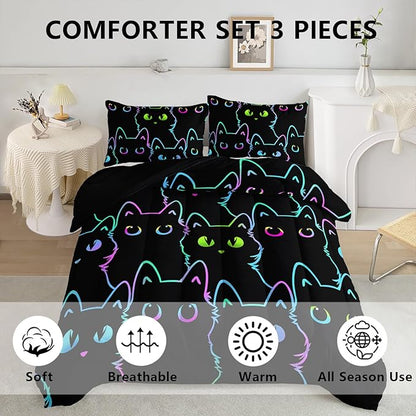 Axolotl Kids Cartoon Cat Bedding Comforter Set,Gradient Line Cute Cat Bedding Set for Teens,Colorful Neon Cats Comforter for Boys Girls Adults,1 Animal Quilt 2 Pillow Cases,King Size Black