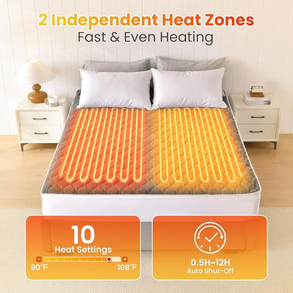 WOOMER Heated Mattress Pad Queen Dual Control - 60"x80" Electric Mattress Pad, 1-10 Heat Settings, 0.5-12H Auto Shut-Off, Removable Velvet Cover, 18" Deep Pocket, ETL Certified, Grey
