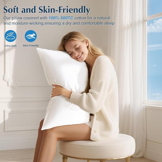 Luxury Goose Feather Down Pillow Queen Size, 100% Cotton Shell, 3-Chamber 5 Star Hotel Pillow for Deep Sleep, Soft Bed Pillows for Neck Pain Relief, Perfect for Side, Back Sleepers - 20"x30"