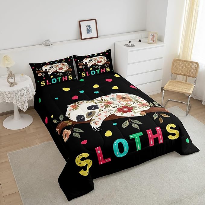 Castle Fairy Cute Sloth Comforter Set Queen Size,Colorful Love Pattern Bedding Set for Kids Boys Girls Bedroom Decoration,Flowers Pattern Bed Duvet Insert,Kawaii Animals Comforter with 2 Pillowcase