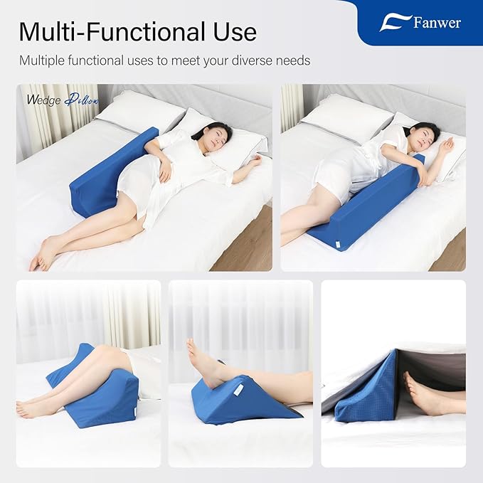 34.2in Bed Wedges & Body Positioners, 30 Degree Wedge Pillow for Side Sleeping/After Surgery, Triangle Foam Bed Wedge Pillow with Blue Machine Washable Cover, for Pregnancy, Back, Leg Pain Relief