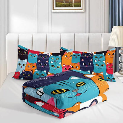 Axolotl Cartoon Cat Comforter Set King Size,Cute Colorful Cat Bedding Set for Kids Boys Girls,Cats Animal Comforter,Kids Bedding for Adults Teens Room Decor,All Season,1 Duvet 2 Pillow Cases